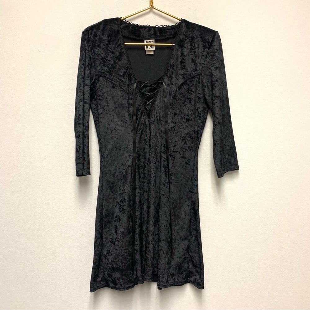 Vintage 90s Zanoni Jalate Crushed Velvet Lace Up Dress Size L Goth Witchy Grunge